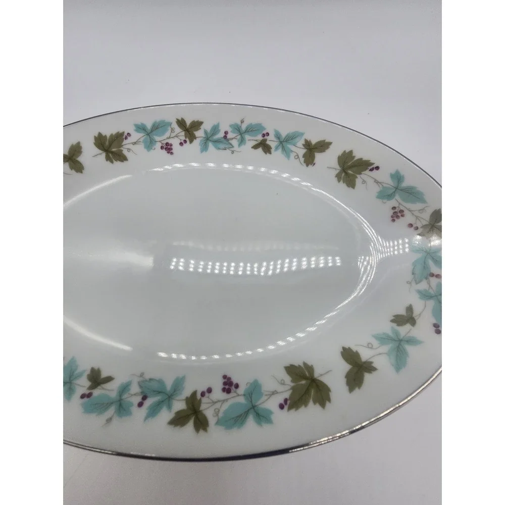 Vintage Fine China Japan 6701 Oval Platter Teal Green Leaf Berry Silver Rim 10